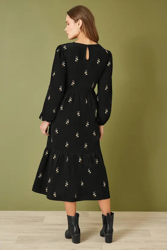 Yumi Black Long Sleeve Midi Dress With Floral Embroidery - QHA UK