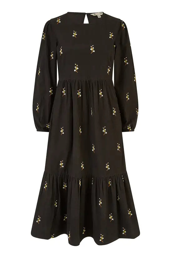Yumi Black Long Sleeve Midi Dress With Floral Embroidery - QHA UK