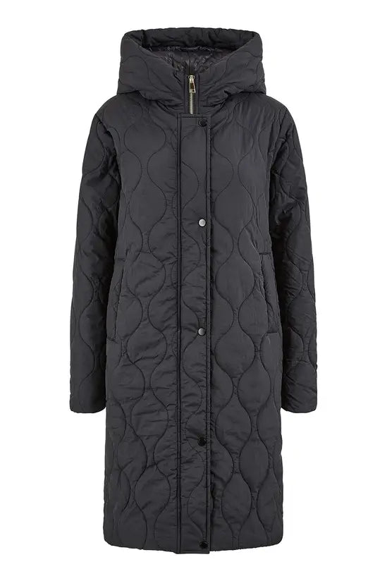 Yumi Black Padded Quilted Long Coat With Zip Detail And Hood