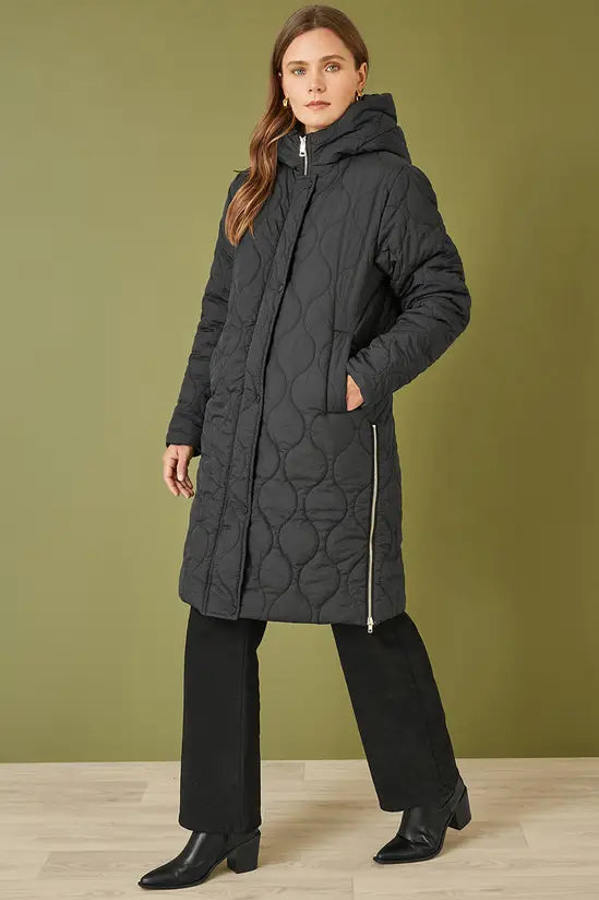 Yumi Black Padded Quilted Long Coat With Zip Detail And Hood - QHA UK