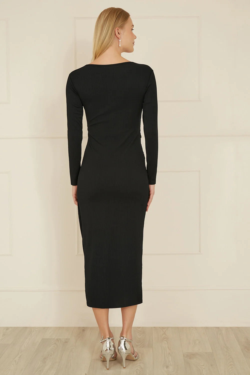 Yumi Black Midi Fitted Stretch Dress With Knot Detail - QHA UK
