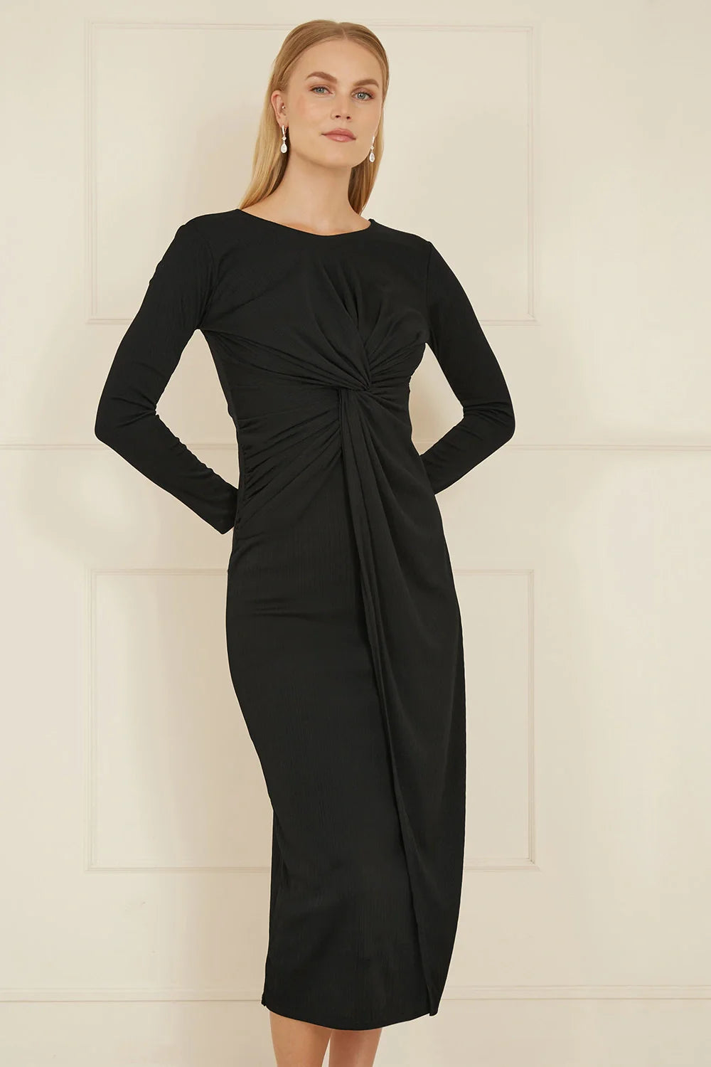 Yumi Black Midi Fitted Stretch Dress With Knot Detail - QHA UK