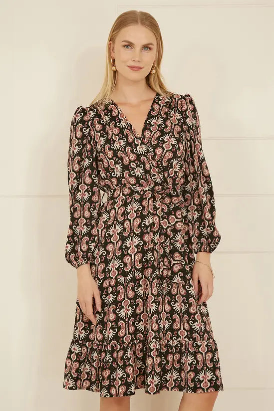 Yumi Black Ikat Long Sleeve Skater Dress - QHA UK
