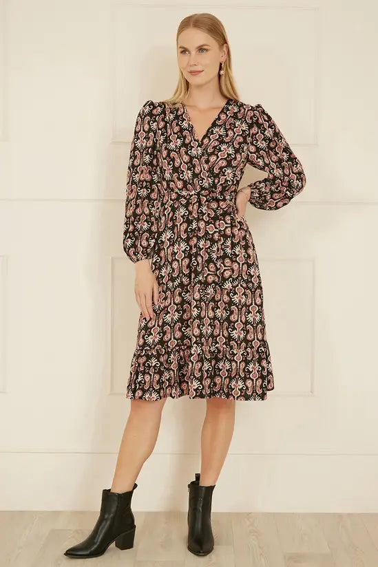 Yumi Black Ikat Long Sleeve Skater Dress - QHA UK