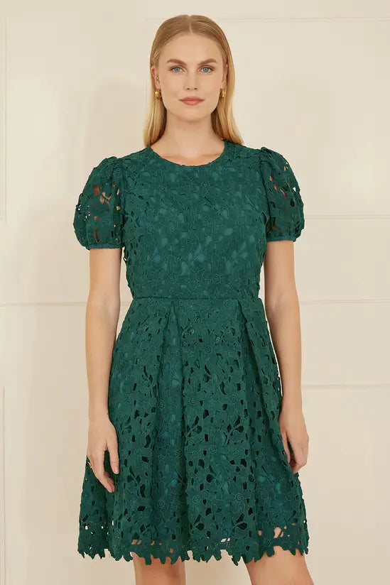 Yumi Green Lace Skater Dress With Puff Sleeves - QHA UK