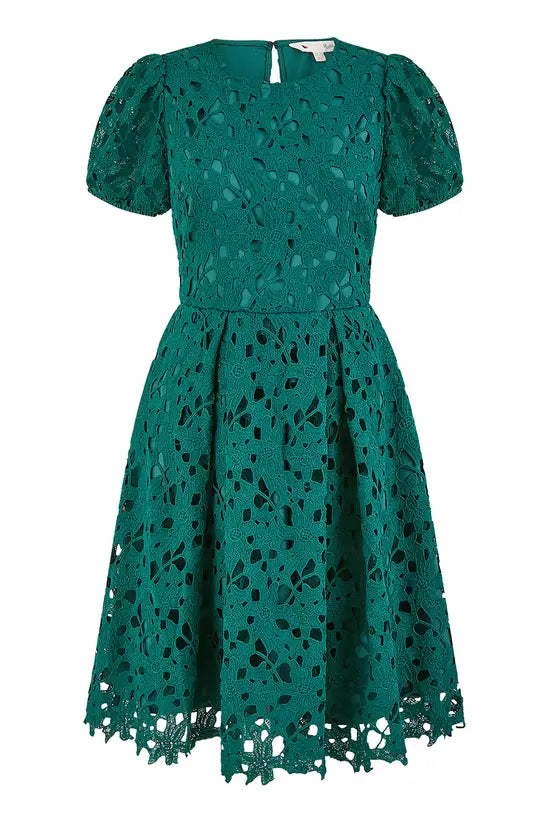 Yumi Green Lace Skater Dress With Puff Sleeves - QHA UK