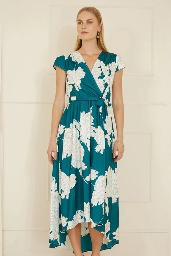 Yumi Green Blossom Print Wrap Midi With Dipped Hem - QHA UK