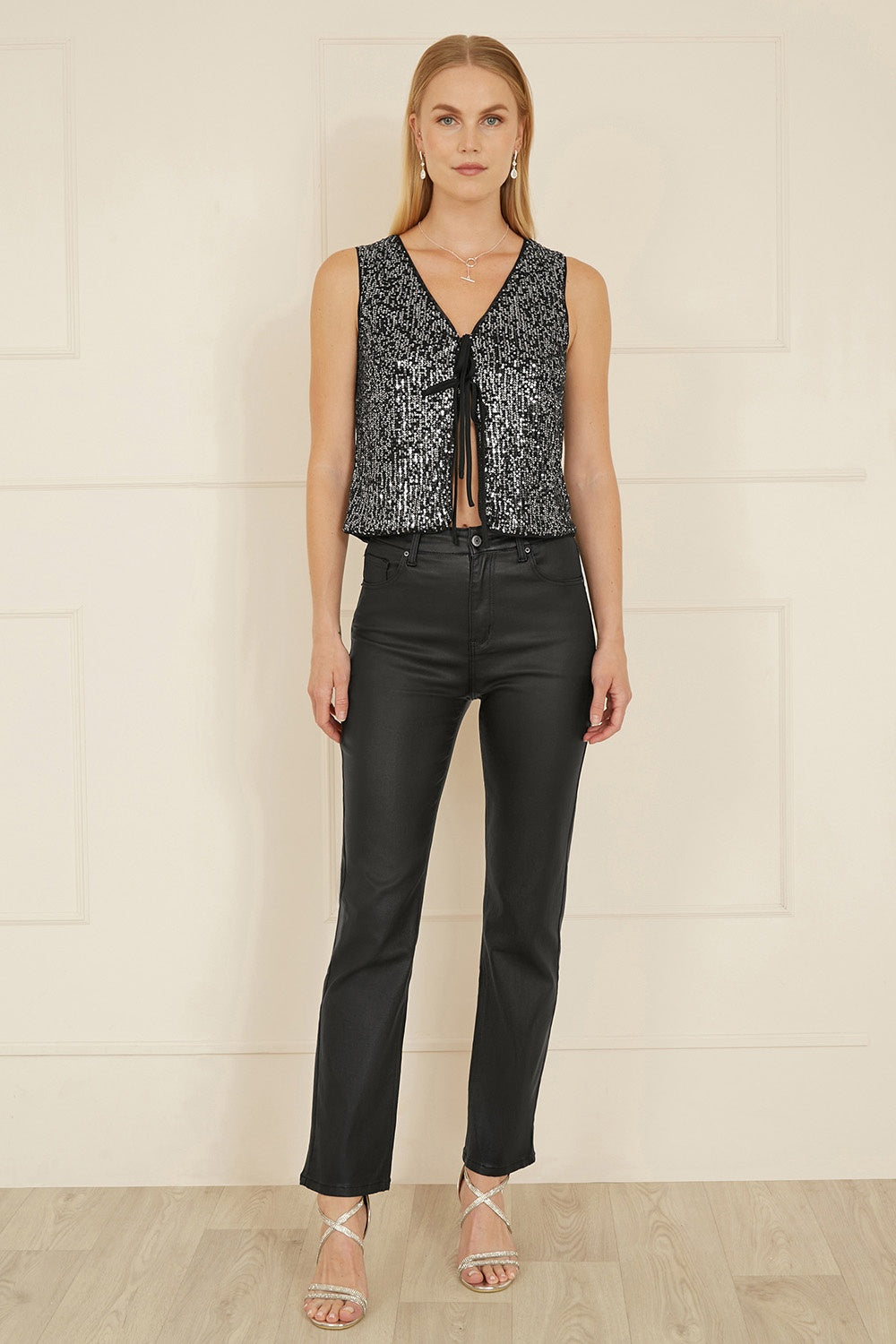 Yumi Black Sequin Tie Front Waistcoat - QHA UK