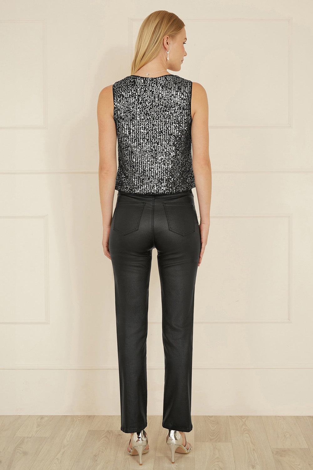 Yumi Black Sequin Tie Front Waistcoat - QHA UK