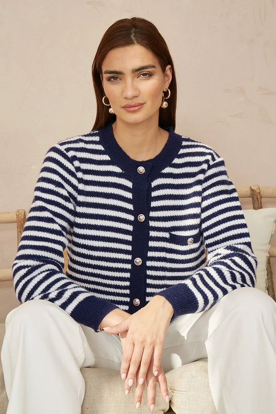 Yumi Navy Stripe Knit Relaxed Fit Cardigan - QHA UK