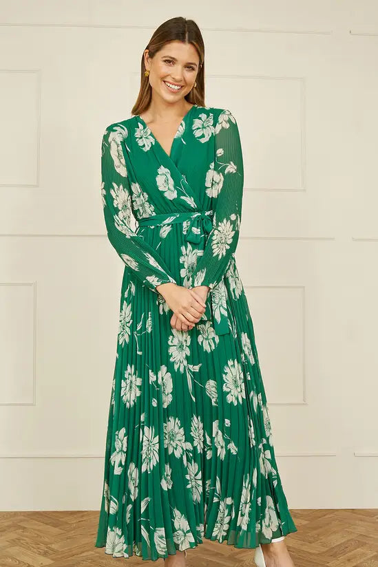 Yumi Green Floral Pleated Midi Wrap Long Sleeve Dress - QHA UK