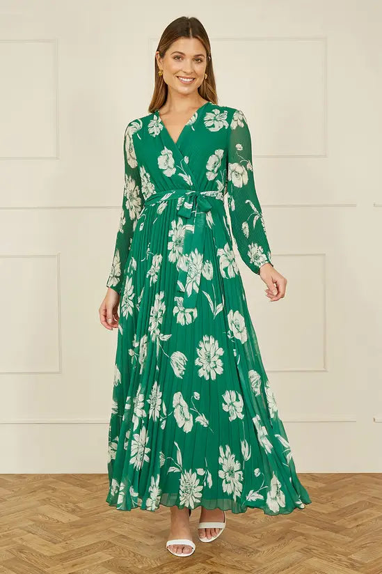 Yumi Green Floral Pleated Midi Wrap Long Sleeve Dress - QHA UK