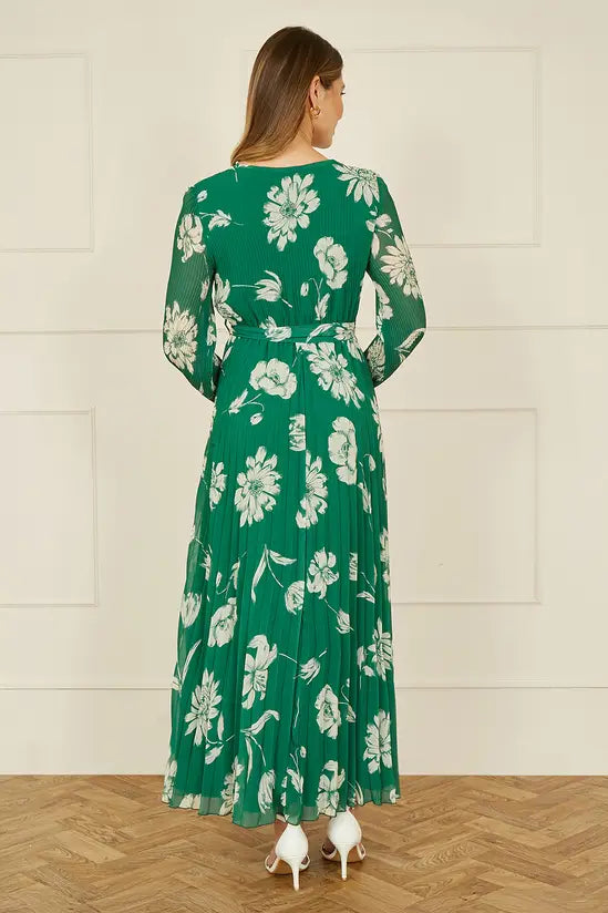 Yumi Green Floral Pleated Midi Wrap Long Sleeve Dress - QHA UK