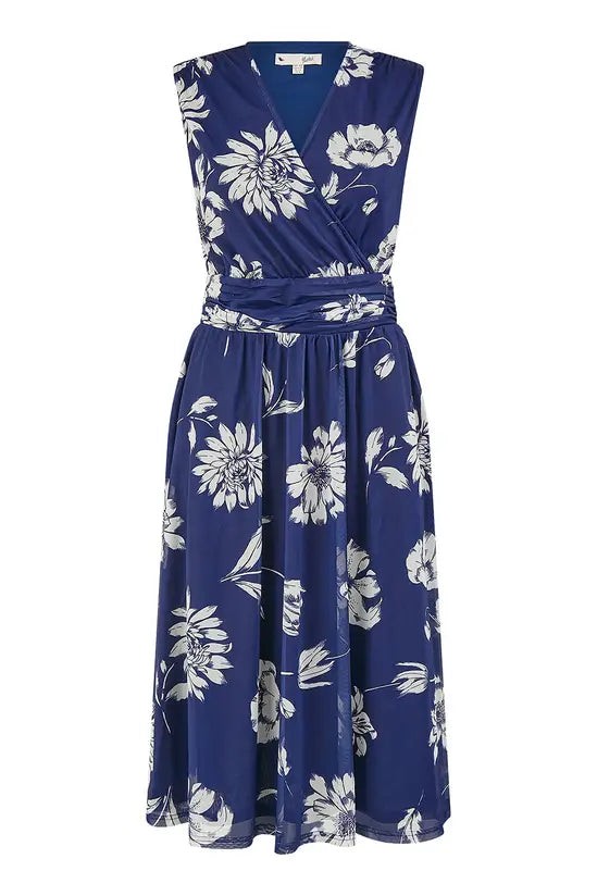 Yumi Navy Floral Print Stretch Mesh Dress With Pockets - QHA UK