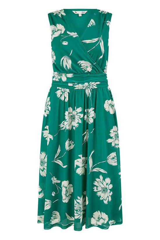 Yumi Green Floral Print Stretch Mesh Dress With Pockets - QHA UK