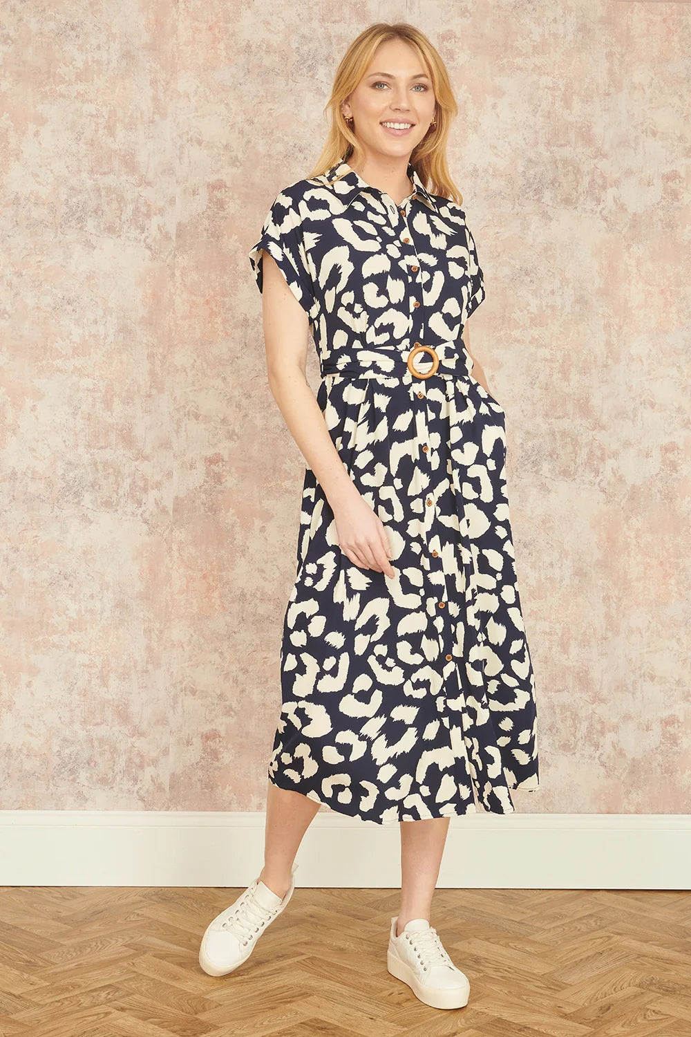 Yumi Navy Abstract Animal Print Relaxed Midi Shirt Dress With Belt - QHA UK