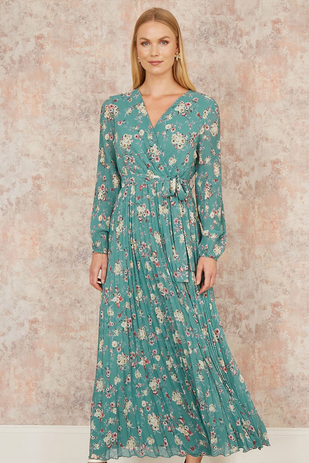 Yumi Mint Green Floral Pleated Long Sleeve Wrap Over Midi Dress - QHA UK