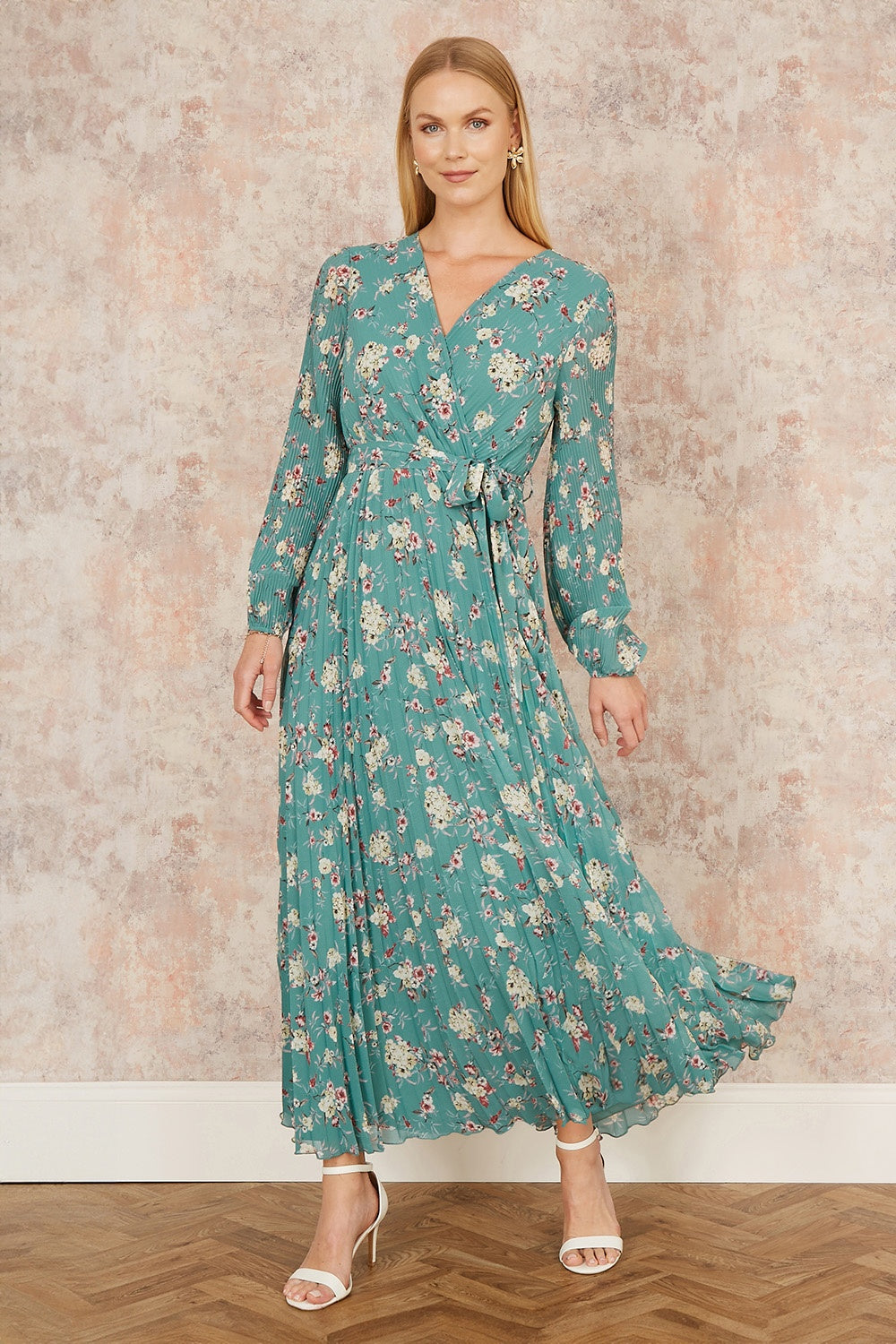 Yumi Mint Green Floral Pleated Long Sleeve Wrap Over Midi Dress - QHA UK
