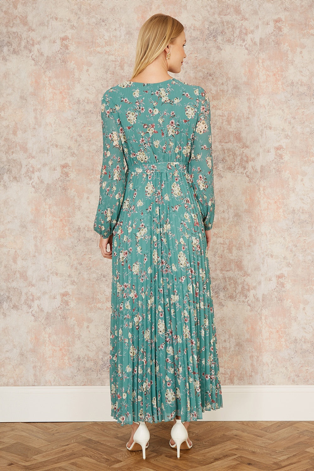 Yumi Mint Green Floral Pleated Long Sleeve Wrap Over Midi Dress - QHA UK