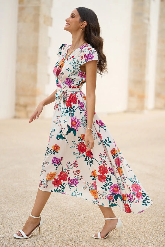 Yumi Ivory Flower Print Wrap Midi Dress - QHA UK