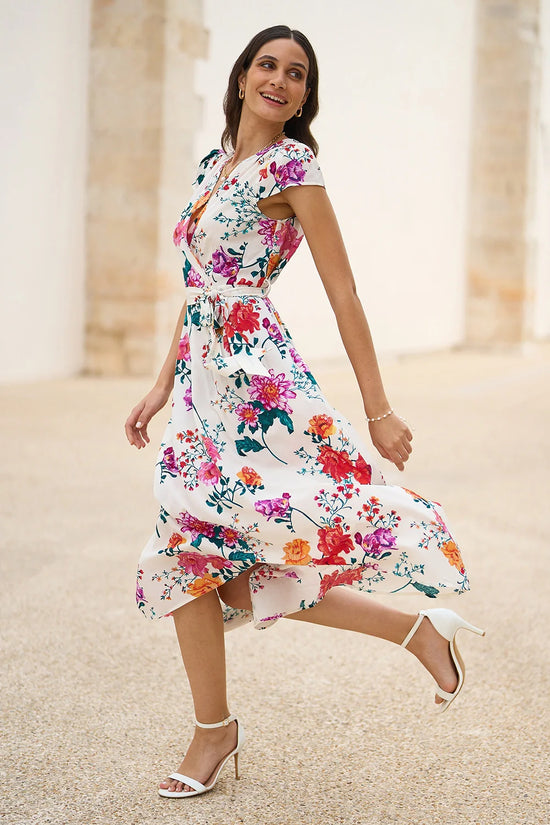 Yumi Ivory Flower Print Wrap Midi Dress - QHA UK