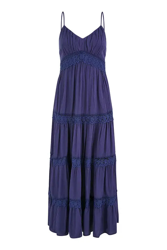 Yumi Navy Lace Tiered Strappy Maxi Dress - QHA UK