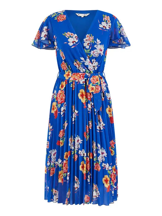 Yumi Blue Floral Pleated Wrap Dress - QHA UK