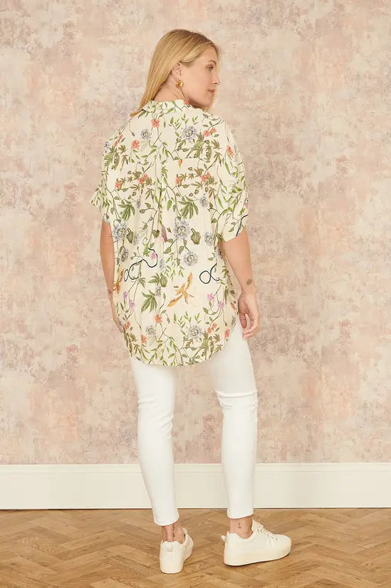 Yumi Beige Relaxed Fit Shirt With Botanical Print - QHA UK