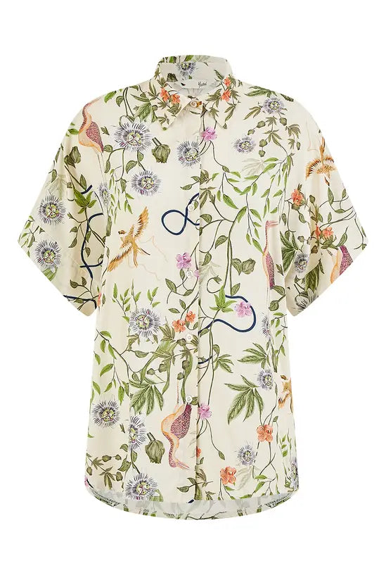 Yumi Beige Relaxed Fit Shirt With Botanical Print - QHA UK