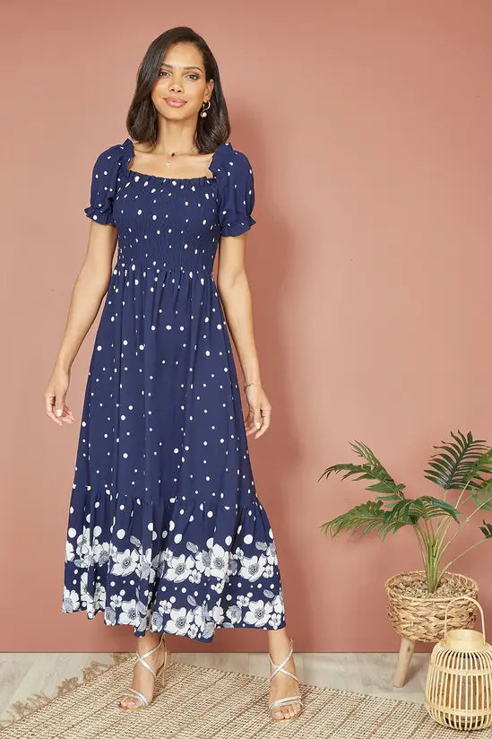 Yumi Navy Spot And Floral Print Border Ruched Midi Dress - QHA UK