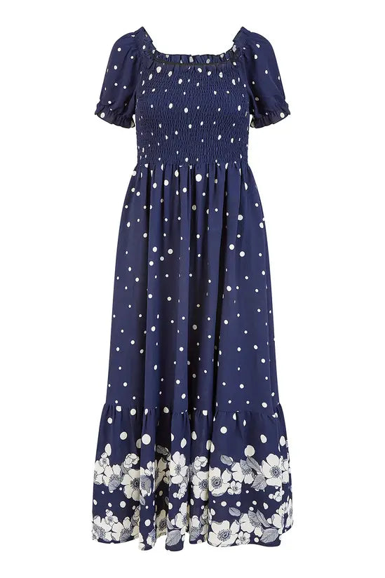 Yumi Navy Spot And Floral Print Border Ruched Midi Dress - QHA UK