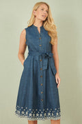 Yumi Blue Chambray Cotton Midi Embroidered Shirt Dress - QHA UK