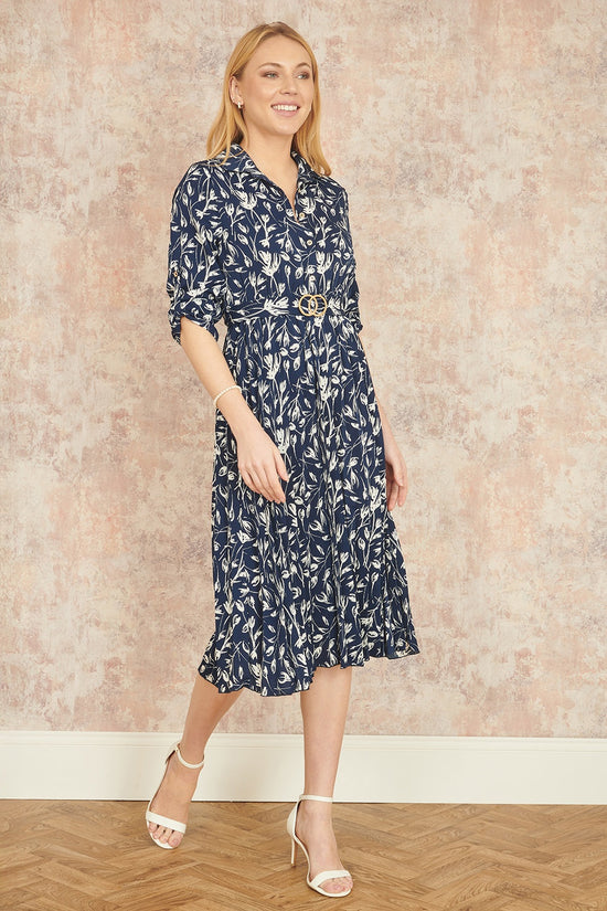 Yumi Navy Floral Print Pleated Skater Dress With Buckle - QHA UK