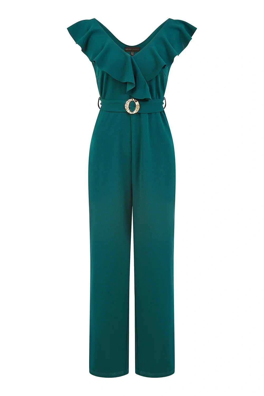 Yumi Green Jumpsuit With Gold Buckle and Frill Detail - QHA UK