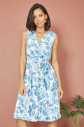 Yumi Blue Floral Wrap Over Skater Dress - QHA UK
