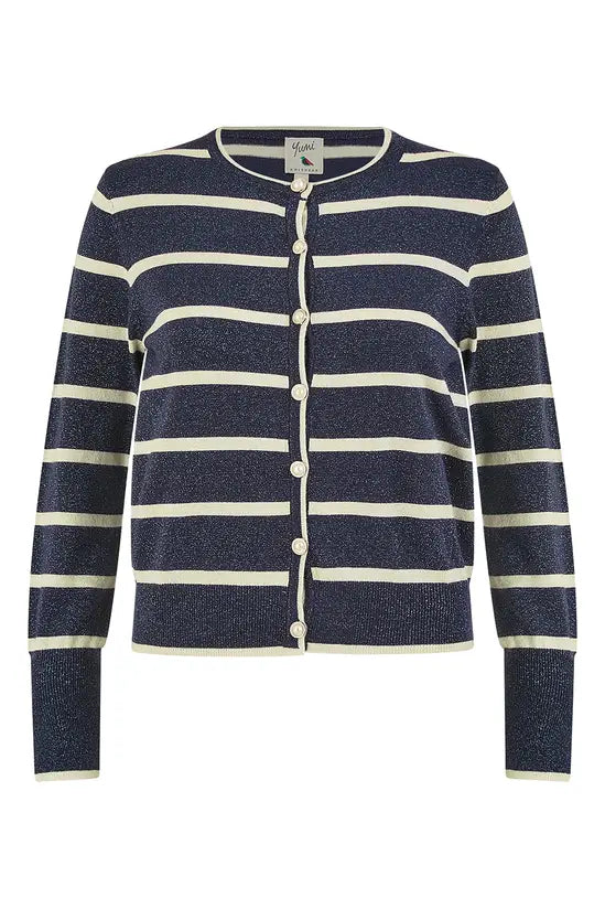 Yumi Navy Striped Sparkle Knitted Cardigan