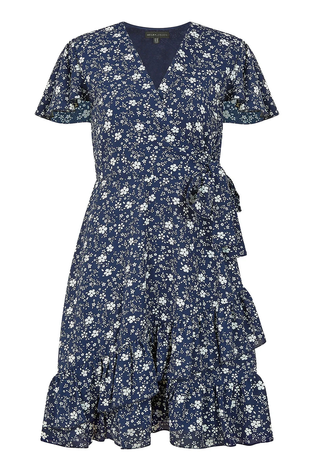 Yumi Navy Ditsy Floral Wrap Frill Dress - QHA UK