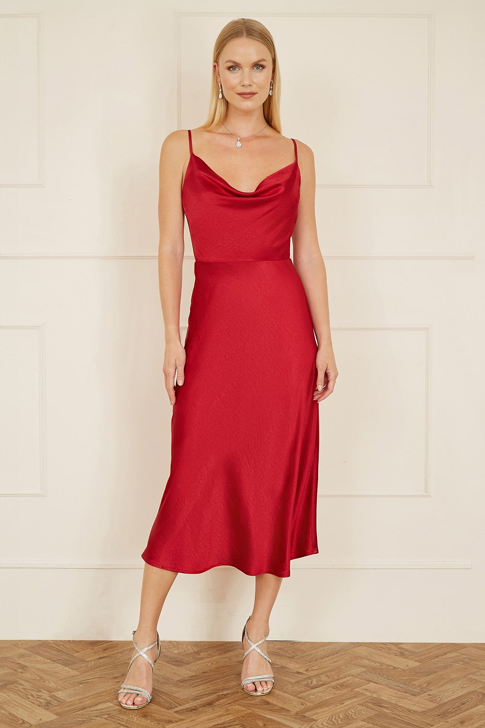 Yumi Red Satin Cowl Neck Midi Slip Dress - QHA UK