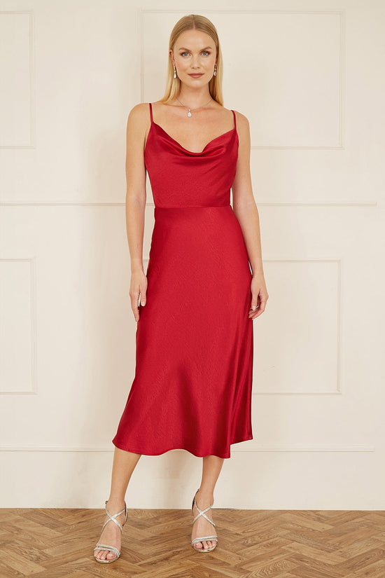 Yumi Red Satin Cowl Neck Midi Slip Dress - QHA UK