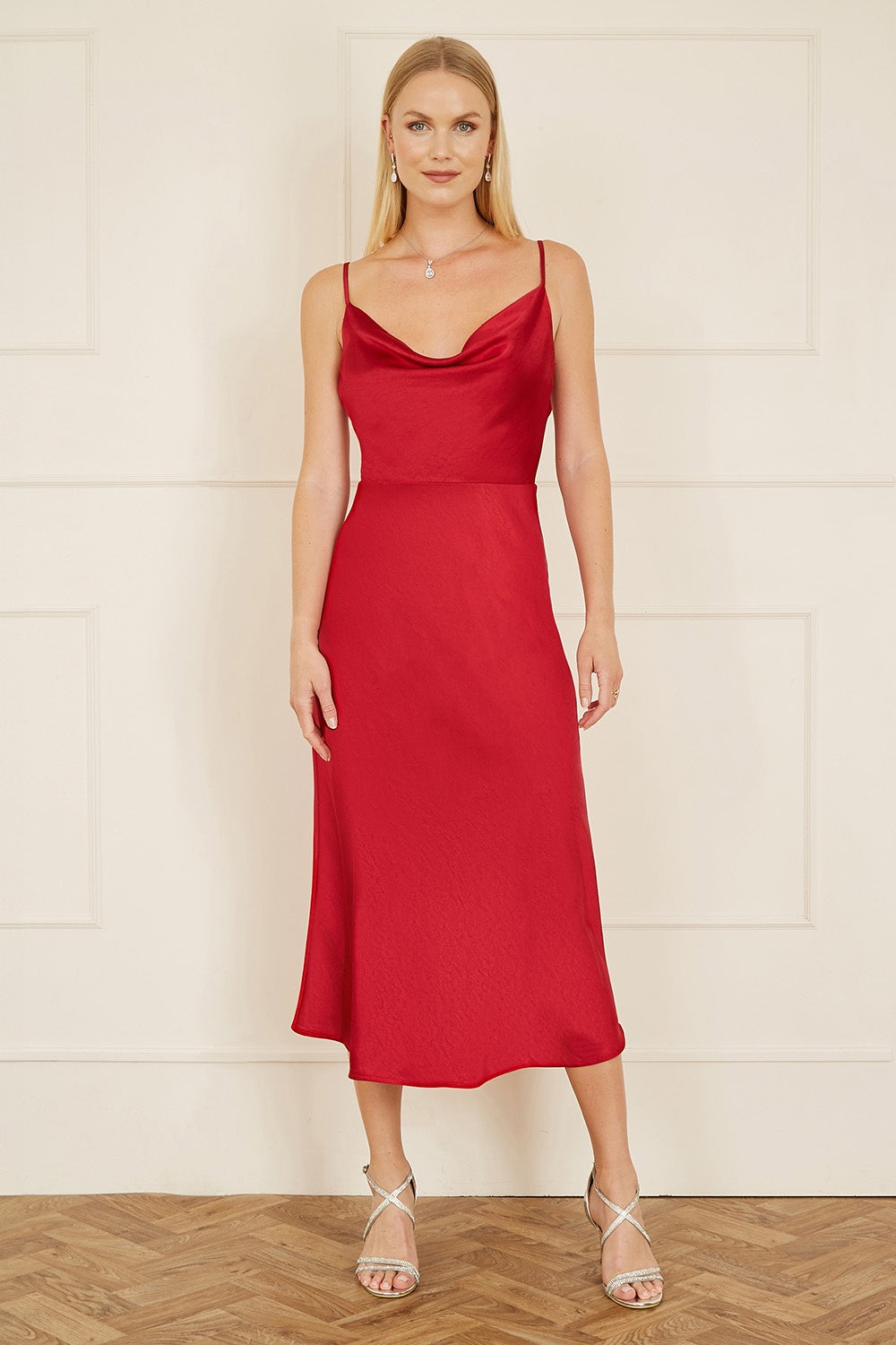 Yumi Red Satin Cowl Neck Midi Slip Dress - QHA UK