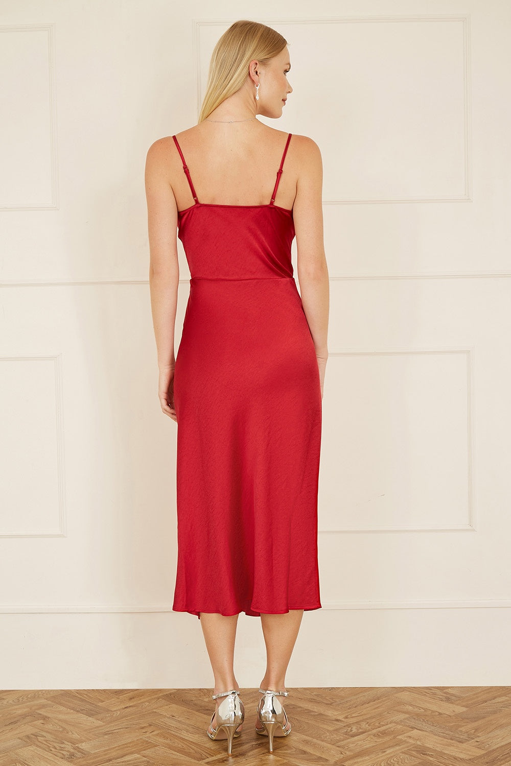 Yumi Red Satin Cowl Neck Midi Slip Dress - QHA UK