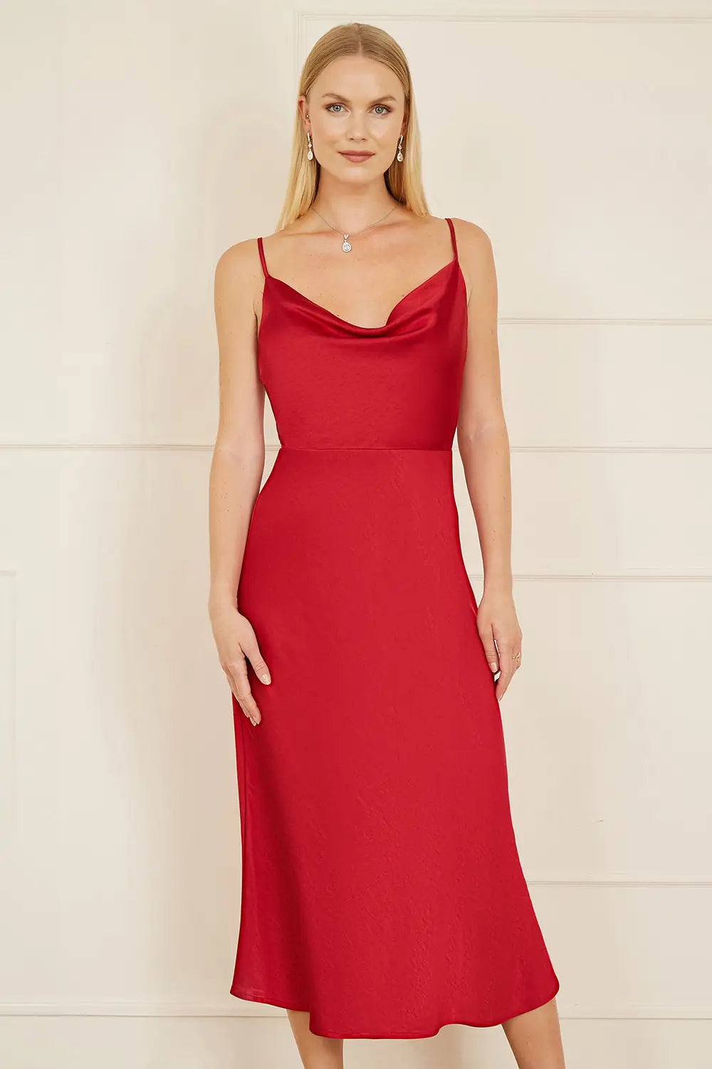 Yumi Red Satin Cowl Neck Midi Slip Dress - QHA UK
