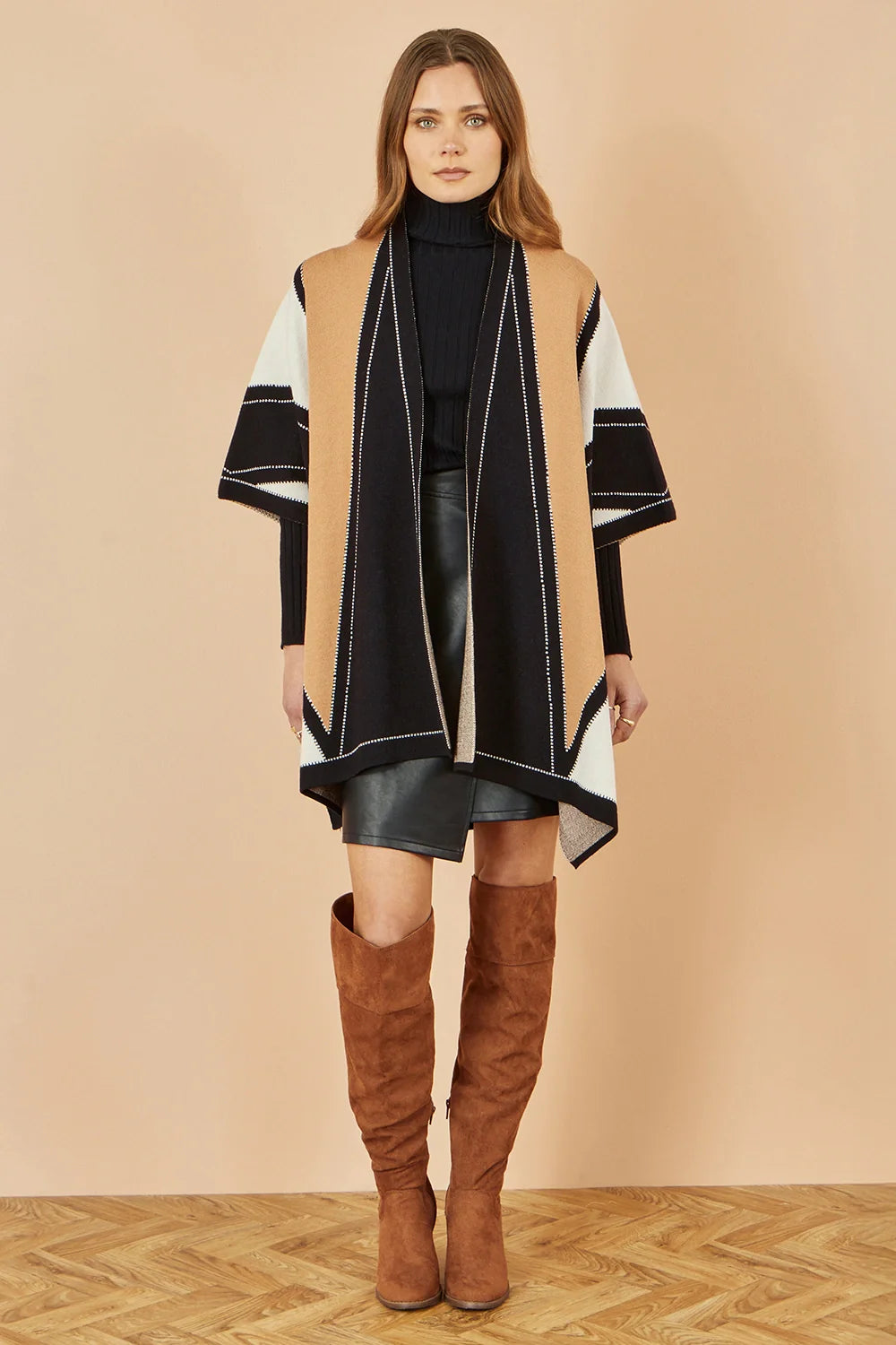 Yumi Brown Colour Block Cape - QHA UK