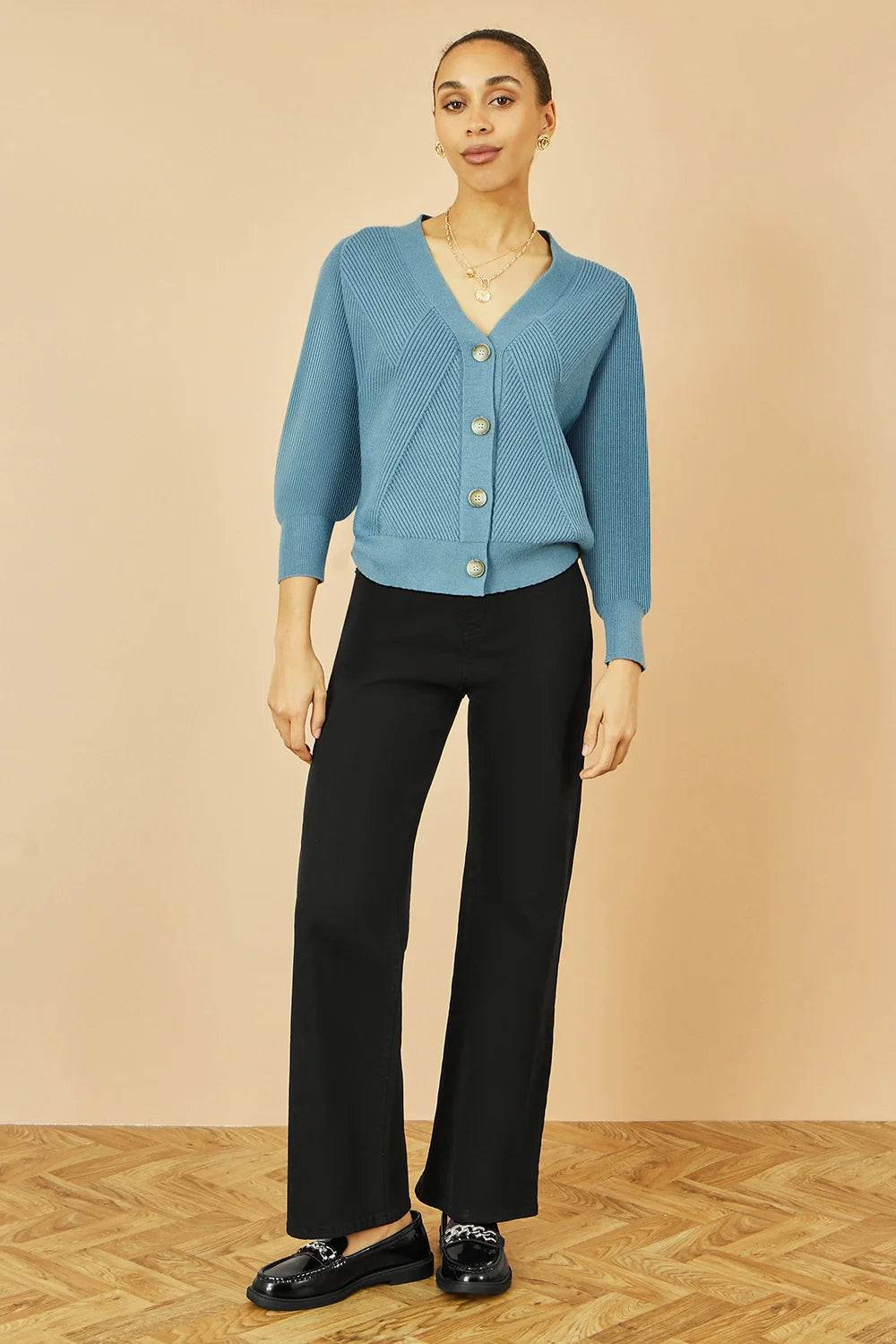 Yumi Blue Relaxed Fit Cardigan With Stitch Detail - QHA UK