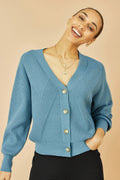 Yumi Blue Relaxed Fit Cardigan With Stitch Detail - QHA UK
