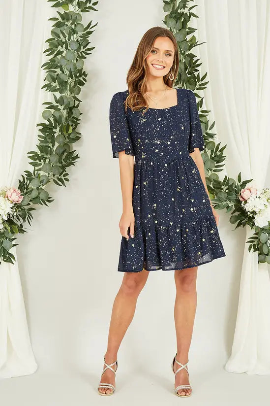 Yumi Navy Star Print Skater Dress - QHA UK