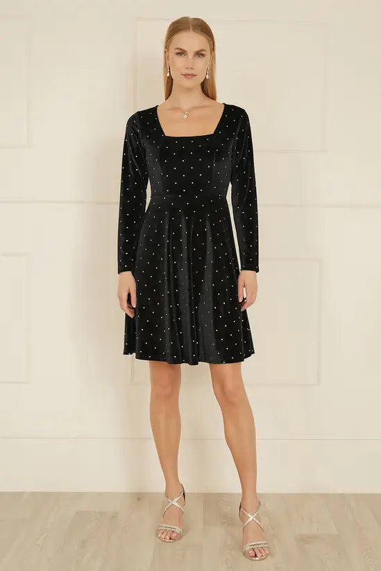 Yumi Black Skater Dress With Diamantes and Long Sleeve - QHA UK