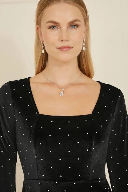 Yumi Black Skater Dress With Diamantes and Long Sleeve - QHA UK