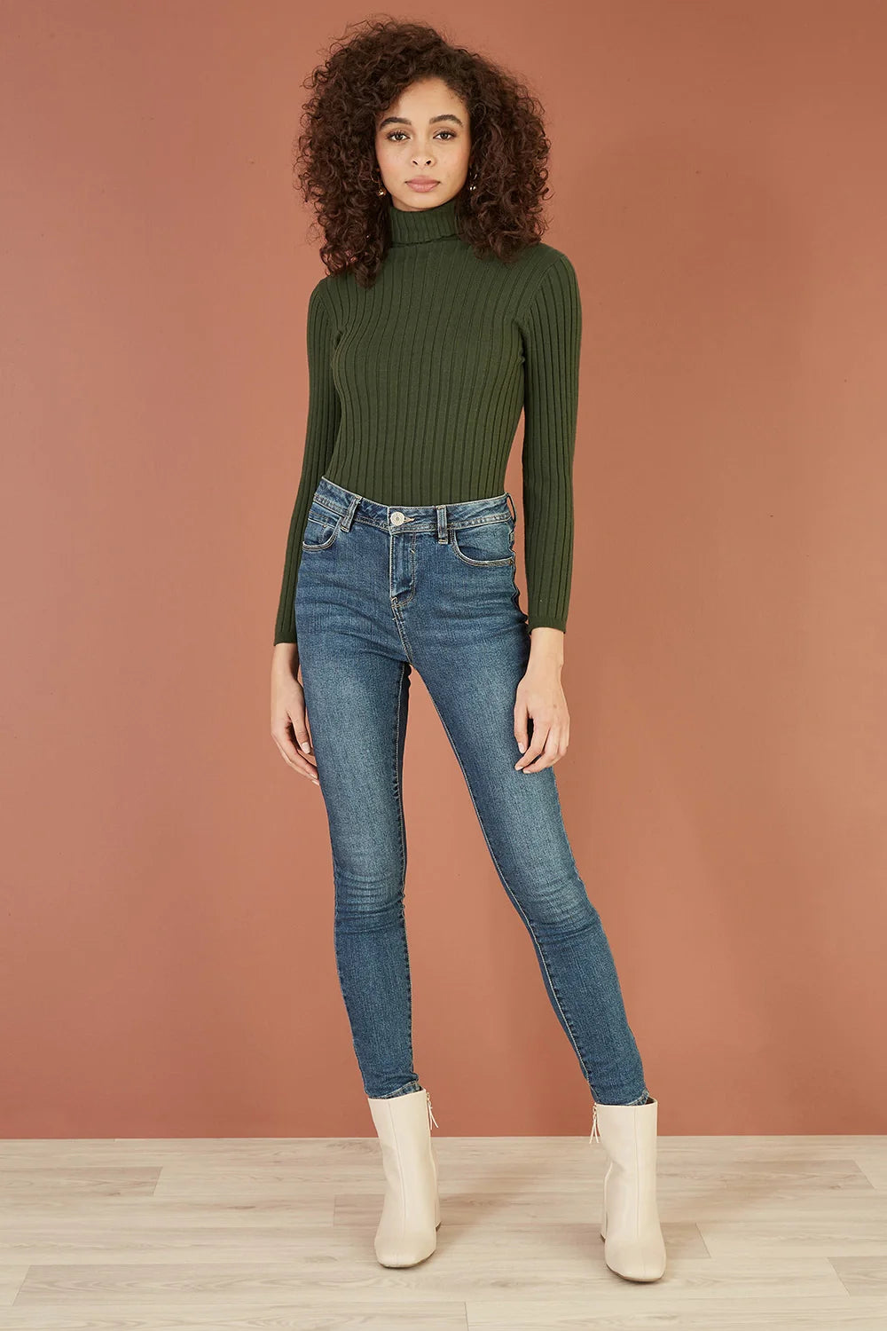 Yumi Green Ribbed Knit Roll Neck Jumper - QHA UK