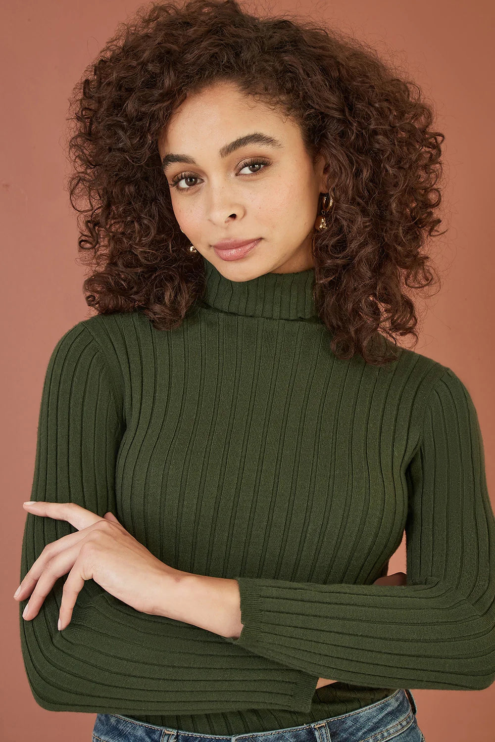 Yumi Green Ribbed Knit Roll Neck Jumper - QHA UK